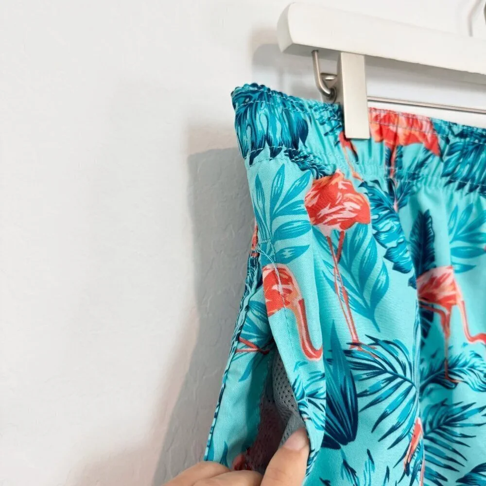 Pacific Scene Flamingo Print Mens Bathing Suit Swim Shorts Lined‎ Summer Blue XL